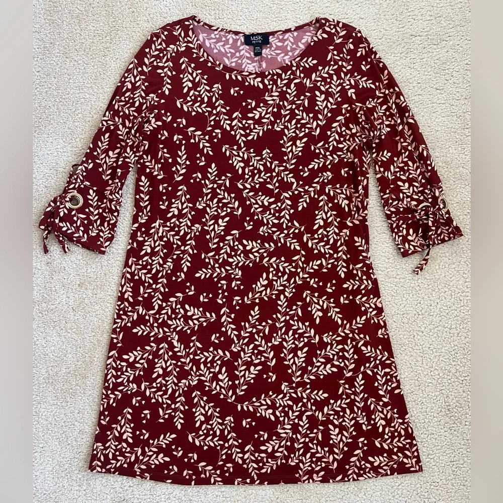 MSK Petite Floral Leaf Print 3/4 Sleeve Boatneck Shift Dress Extra Large XL